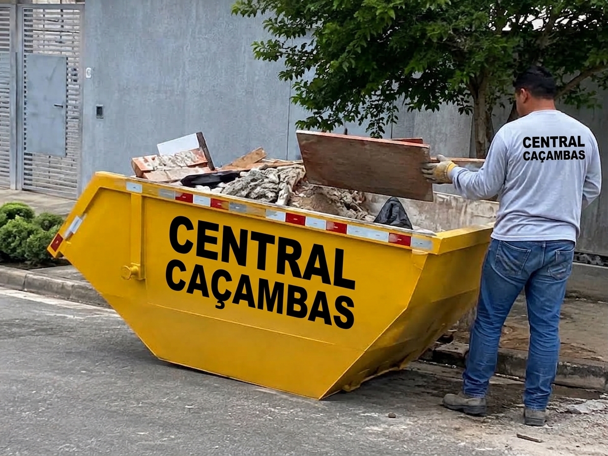 Caçamba amarela com entulho em atendimento